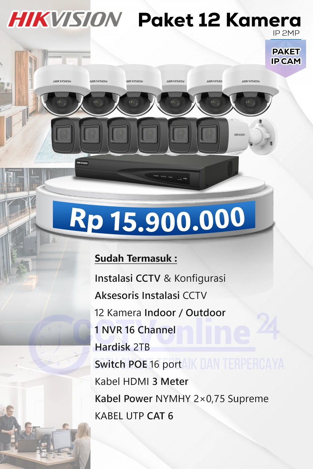 Paket 12 HIK kamera IP 2MP